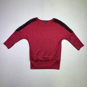 Alyx Women's Long Sleeve Top Ribbed Lace Shoulders Burgundy Red Black Small